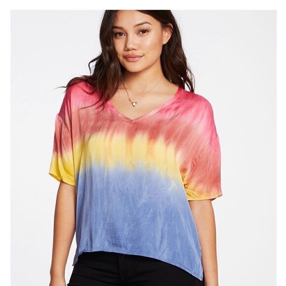 Chaser L Pink Tie-Dye Short Sleeve V-Neck Boxy Tee - Picture 1 of 10
